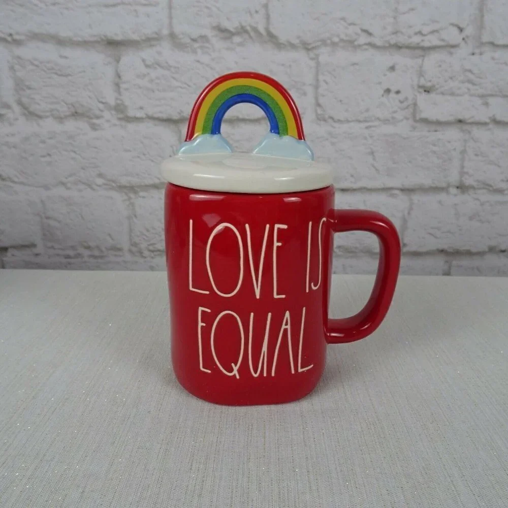 New RAE DUNN Rainbow 🌈 Figural Mug Love Is Equal Red With Lid Pride Home Decor